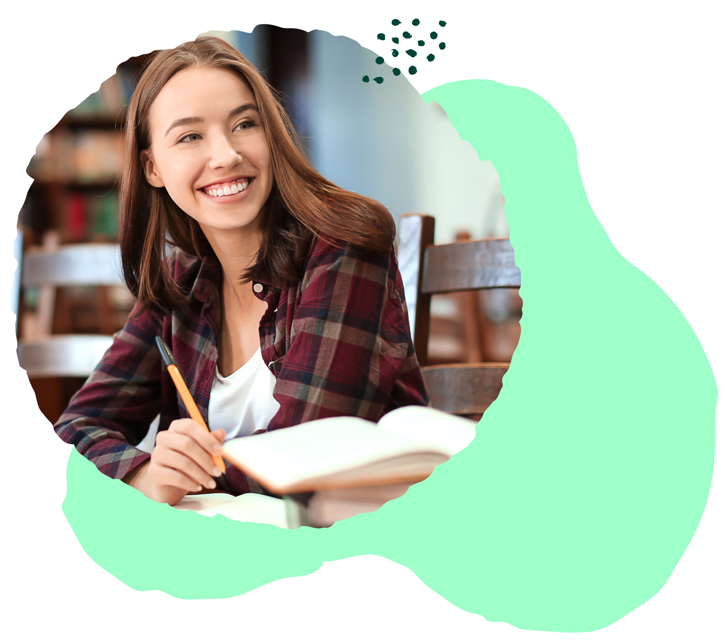 women smiling at a library room sat
