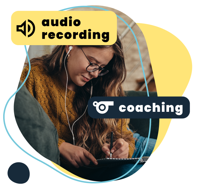Optimal mindset coaching audio recording. Woman listening music with earphones in the background